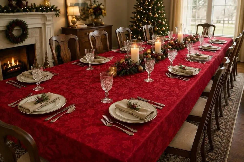 Poinsettia Red Damask Tablecloth Holiday 60x144 Oblong Stain Release NIP